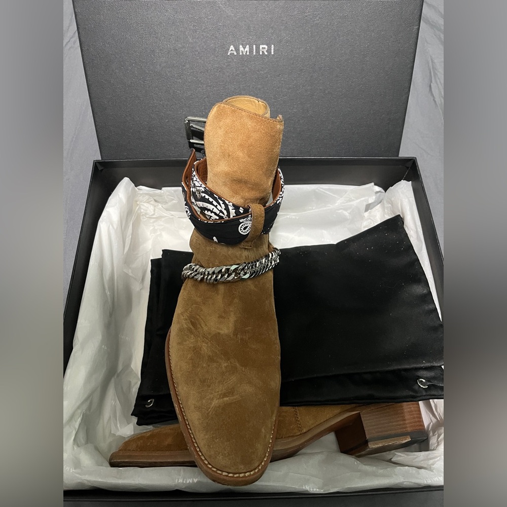 AMIRI cognac brown bandanna buckled ankle boots size 43 1/2